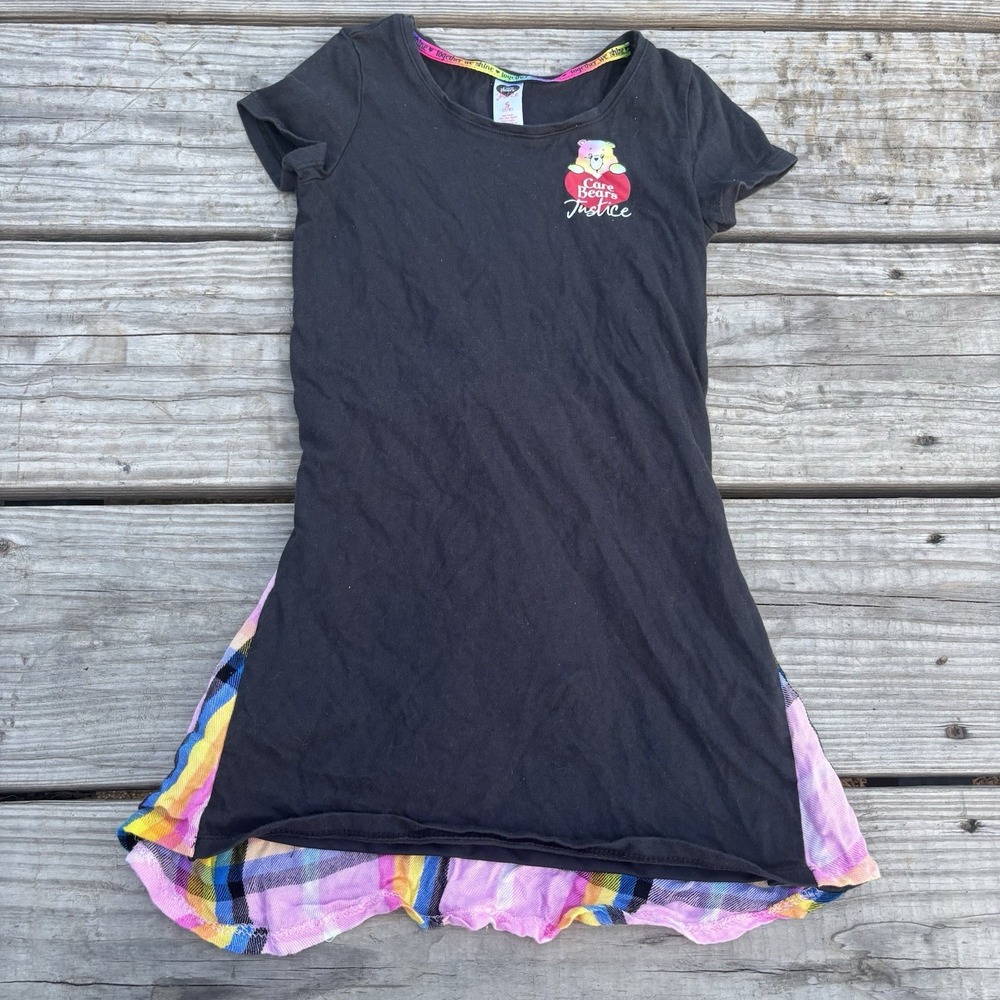 Care Bears Justice Girls Long Shirt With Plaid Sleeves To Tie. Size 7-8 EUC‎